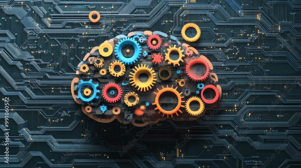 Leinwandbilder An artistic representation of a brain made up of colorful gears and circuits, symbolizing creativity and the connection between technology and thought processes.