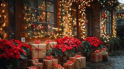 Christmas Decorations with Red Poinsettia and Gifts on Cobblestone Street