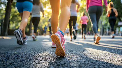 Group of friends participating in a charity walk or run event to support health initiatives on World Health Day