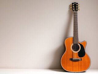 Serenade in Wood Closeup of Rustic Acoustic Guitar on Minimalist Background, Musician's Dream, Music Concept, Product Photography