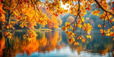 Autumn leaves branches hanging over a serene lake, Autumn, leaves, branches, lake, reflection, nature, seasonal, outdoors