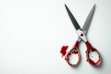 Sinister Silver Scissors with Bloody Red Stains on White Background - Unsettling Crime Scene Concept