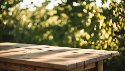 A wooden picnic table in a park surrounded by nature with trees and grass during a sunny day