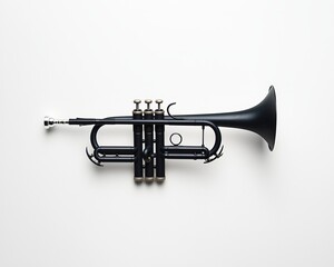 Fototapeta premium Sleek Black Trumpet on Minimalist White Background - Elegant Musical Instrument for Concerts and Performances