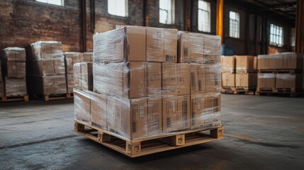 Pallet of wrapped cardboard boxes in a warehouse.