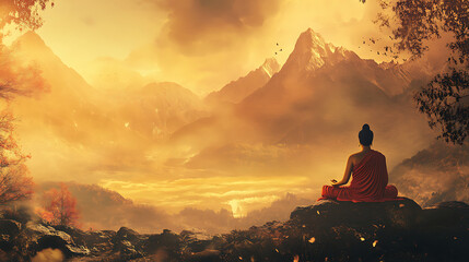 Buddhist background with a peaceful temple surrounded by lush greenery and lotus flowers