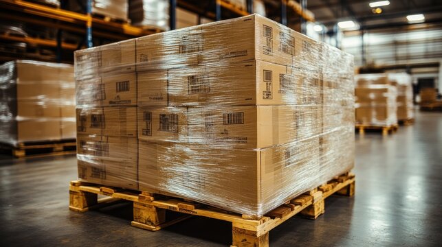 Stack of cardboard boxes wrapped in plastic on a wooden pallet.