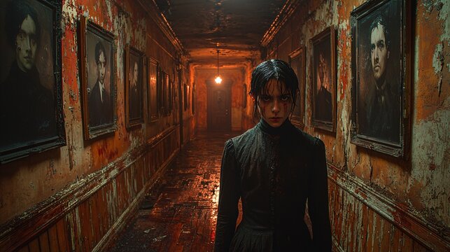 Horror Woman in Bloody Hallway with Portraits   Haunted House