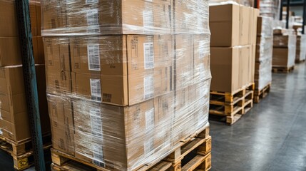 Stacked cardboard boxes wrapped in plastic film and sitting on pallets in a warehouse.
