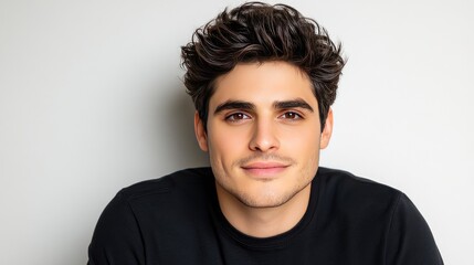 Fototapeta premium This striking visual captures a handsome man wearing a black t-shirt, posing against a gray background with sharp focus and professional color grading
