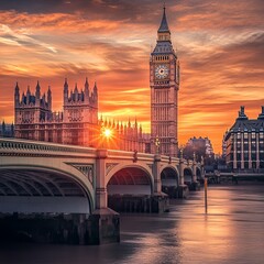 Naklejka premium Big Ben and Westminster bridge at sunrise in London. England