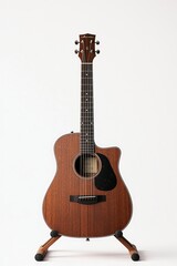 Fototapeta premium Symphonic Serenity Closeup of Elegant Cort Acoustic Guitar on Wooden Stand Against Minimalist White Background, showcasing Rich Wood Grain and Metal Details - Ideal for Music Publications and