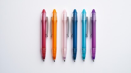 Vibrant Colorful Pens Arranged Symmetrically on White Desk - Modern Office Stationery Supplies Concept