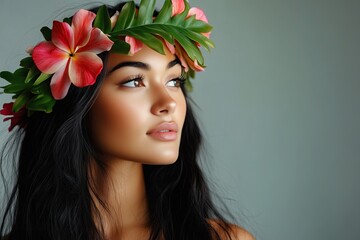Stunning Portrait of a Native Hawaiian Woman with a Tropical Flower Crown Against a Dark Background.