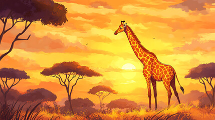 Fototapeta premium Glamorous background with a majestic giraffe gracefully browsing the treetops in an African savanna