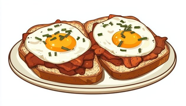 A delicious plate featuring two crispy toast slices topped with sunny-side-up eggs, bacon, and chives, perfect for breakfast.