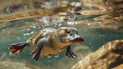 Fototapeta premium Curious Turtle Submerged in Clear Freshwater Stream or Pond Exploring Natural Aquatic Habitat