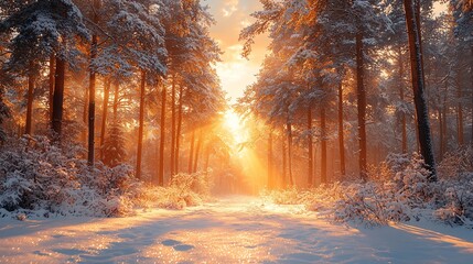 Golden Sunset Through Snowy Pine Forest