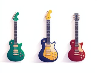 Obraz premium Vibrant Trio of Electric Guitars in Symmetrical Arrangement against White Background