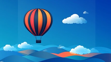 Fototapeta premium A colorful hot air balloon flying high above a landscape of rolling hills and clouds against a blue sky.