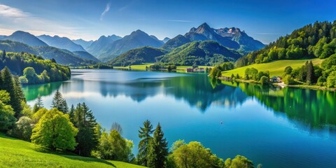 Fototapeta premium Idyllic view of Schwansee lake with lush green hills and clear blue sky in the summer , Alpine, Scenery, Nature, Landscape