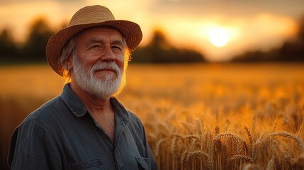 Fototapeta premium A senior farmer stands in a golden wheat field during sunrise, offering a serene portrait.