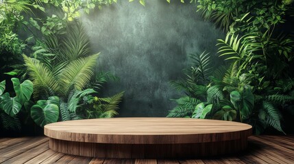 Tropical Wooden Podium with Botanical Decor for Eco-Friendly Products Showcase