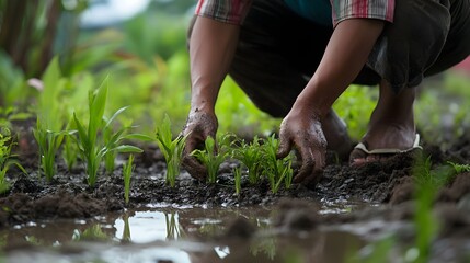 Farmers Hands Planting Seedlings in Muddy Rainy Outdoor Field
