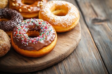A variety of vibrant and delicious donuts with different frostings and sprinkles arranged on a rustic wooden platter.