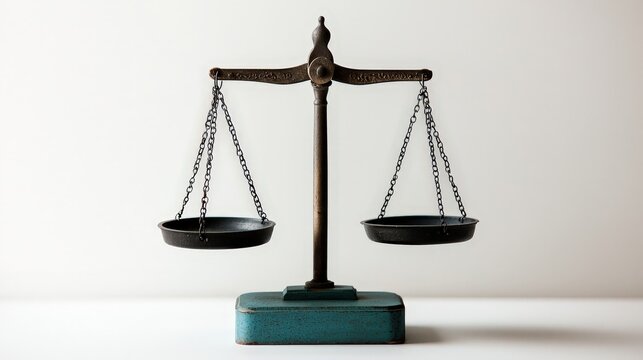 Vintage Brass Balance Scale on Clean White Background - Symmetrical Equilibrium and Objectivity Concept