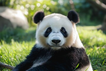 Obraz premium A giant panda with a curious expression on its face is seen sitting among lush green grass in a natural setting.