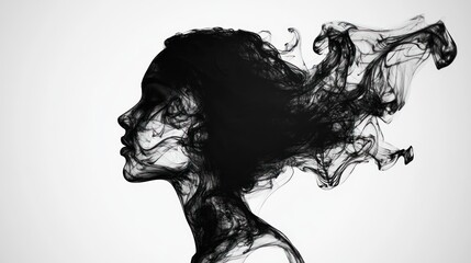 Fototapeta premium Abstract portrait of a woman with black ink flowing from her head.
