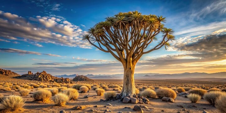 Quiver tree standing tall in the arid desert landscape of South Africa, quiver tree, desert, landscape, South Africa, African tree
