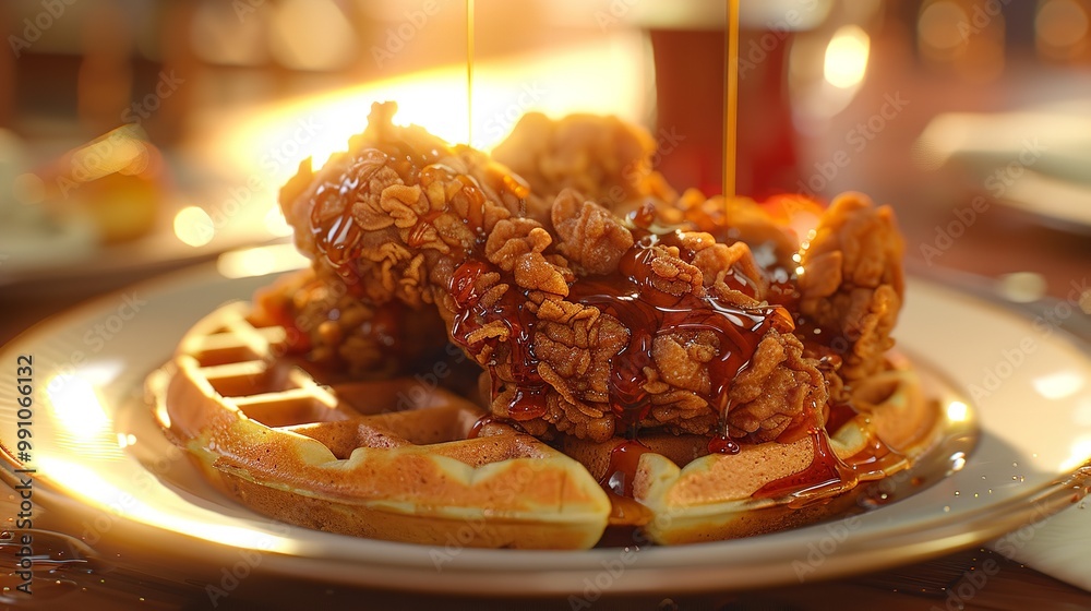 Sticker fried chicken and waffles with hot syrup a classic