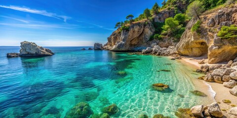 Rocky cliffside beach with clear blue waters , beach, cliffside, rocky, tranquil, serene, coastline, ocean, seascape