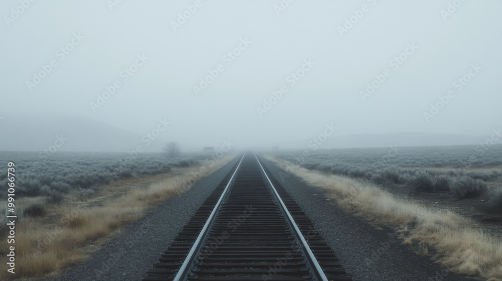 Poster an empty stretch of railroad tracks leading into a foggy landscape, creating a sense of mystery and 