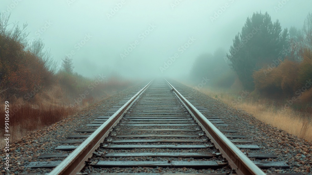Aufkleber an empty stretch of railroad tracks leading into a foggy landscape, creating a sense of mystery and 
