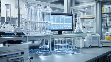 Close up of beakers and laboratory equipment in a modern lab.