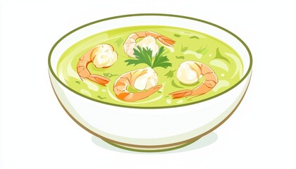 A vibrant bowl of shrimp soup with a green broth, garnished with fresh herbs, showcasing a delicious and appetizing dish.