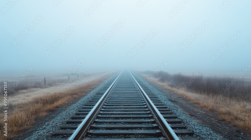 Poster An empty stretch of railroad tracks leading into a foggy landscape, creating a sense of mystery and adventure in the journey ahead.