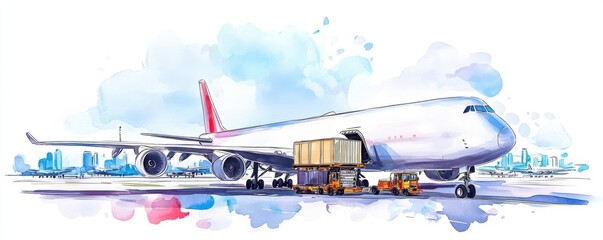 Massive freight plane, cargo being unloaded, airport logistics, Watercolor style