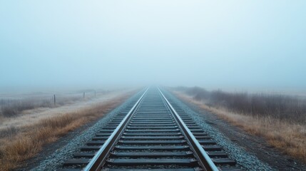 Fototapeta premium An empty stretch of railroad tracks leading into a foggy landscape, creating a sense of mystery and adventure in the journey ahead.