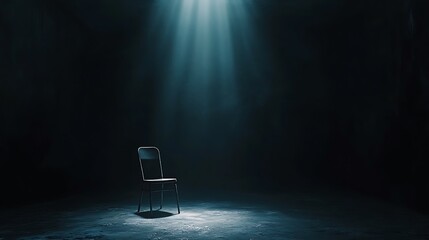 A single chair sits in a dark room illuminated by a spotlight, creating a dramatic and mysterious atmosphere.