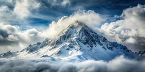 Snowy mountain covered in white with a cloudy winter sky seen from above, winter, mountain, snowy, cold, sky, clouds, aerial view