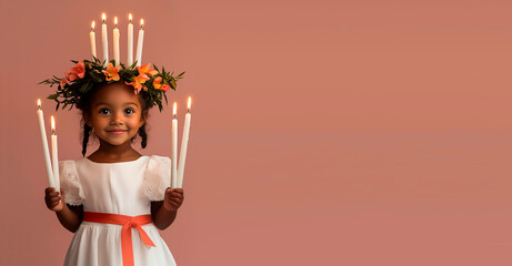 A little african girl dressed as Saint Lucia, with a green wreath on her head, in a white dress with a red belt and holding candles in her hands. Pink pastel background. Hyper-realistic photo.