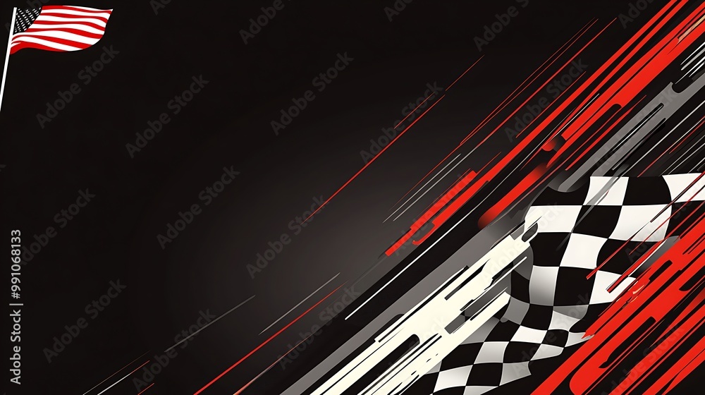 Aufkleber black background with an american flag and checkered flag, abstract speed lines.