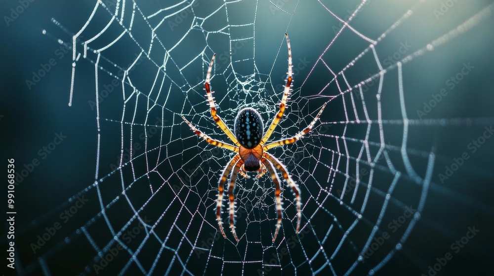 Poster An intricate macro image of a spider weaving its web, showcasing the delicate threads and the skill of the spider in creating a functional masterpiece