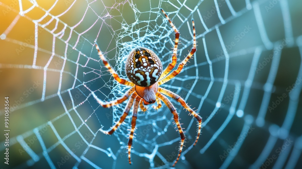 Poster An intricate macro image of a spider weaving its web, showcasing the delicate threads and the skill of the spider in creating a functional masterpiece