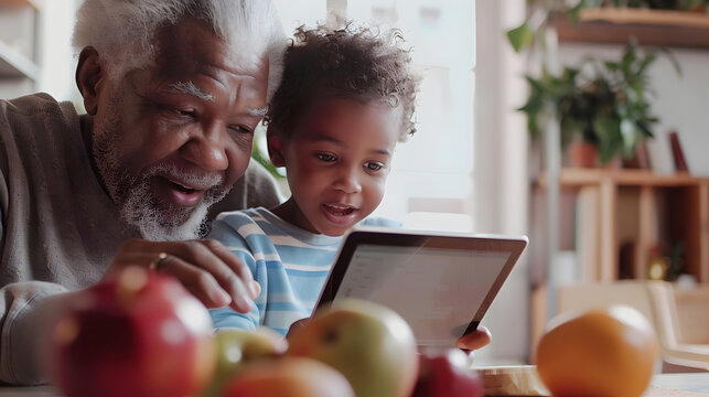 Tablet, online education and child with grandfather bonding, fun internet games and e learning development. Biracial, elderly man with kid on digital technology. generative ai.