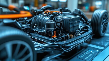 Fototapeta premium Close-up of the undercarriage of a car showing the engine and battery.